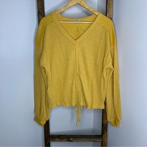 VOY Yellow V-Neck Waffle Knit Sweater Size L